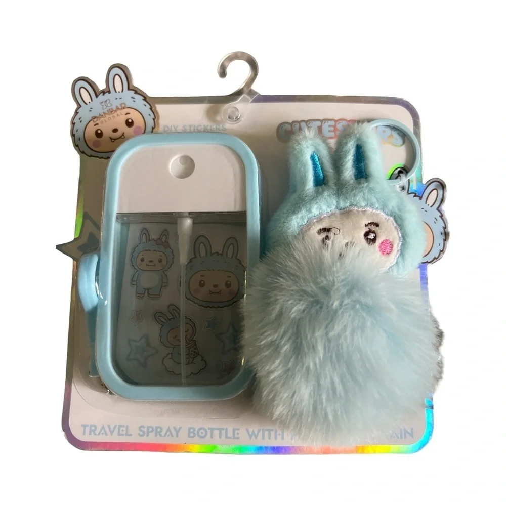 Cute refillable travel spray bottle set with plush bunny keychain  💙